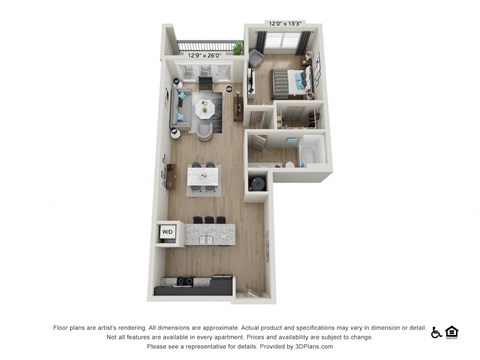 Floor plan for 1 bed, 1 bath, 855 sqft